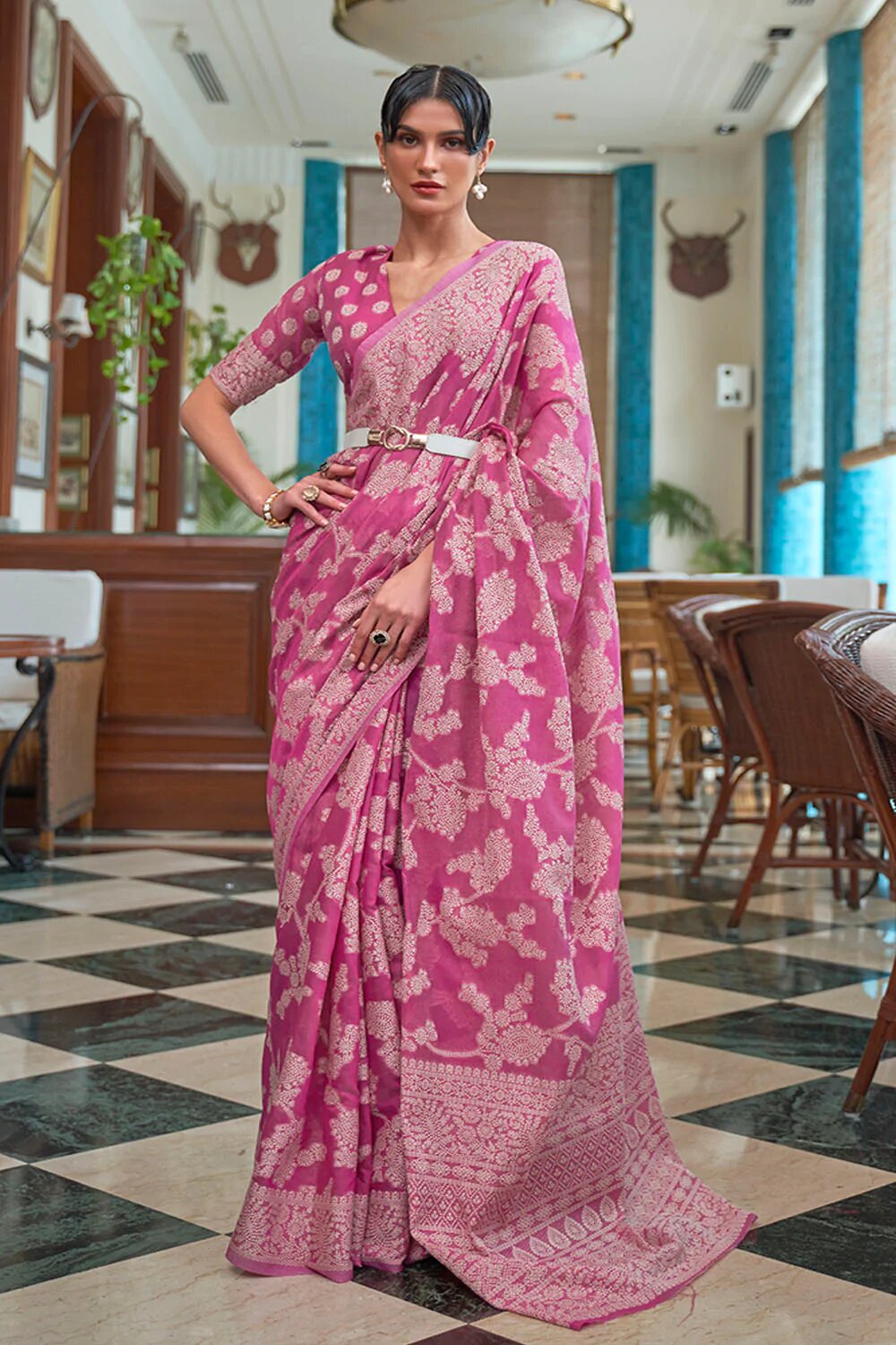 Gorgeous Pink Lucknowi work Silk Saree With Fancifull Blouse Piece Bvipul Main image