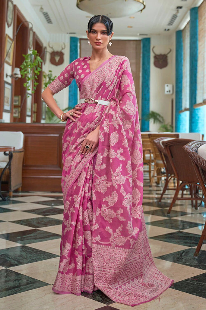 Gorgeous Pink Lucknowi work Silk Saree With Fancifull Blouse Piece Bvipul