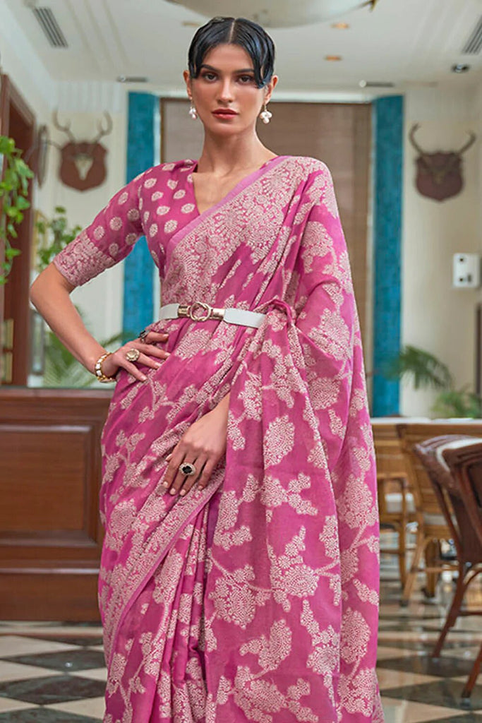 Gorgeous Pink Lucknowi work Silk Saree With Fancifull Blouse Piece Bvipul