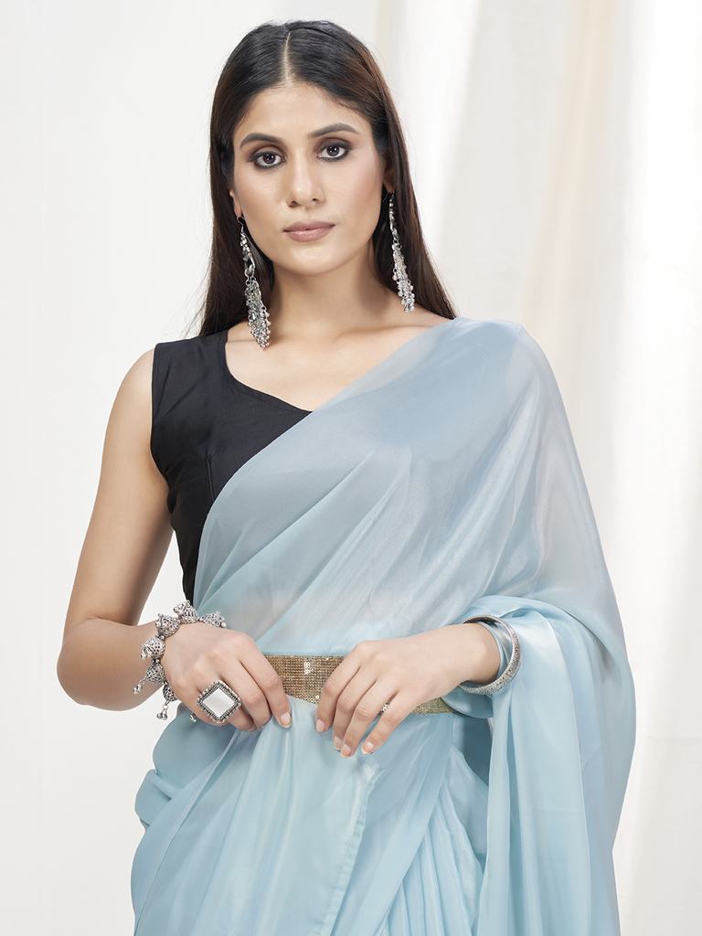 Baby Blue Pre-Stitched Blended Silk Saree ClothsVilla