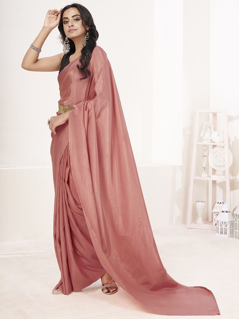 Baby Pink Ready to Wear One Minute Lycra Saree ClothsVilla