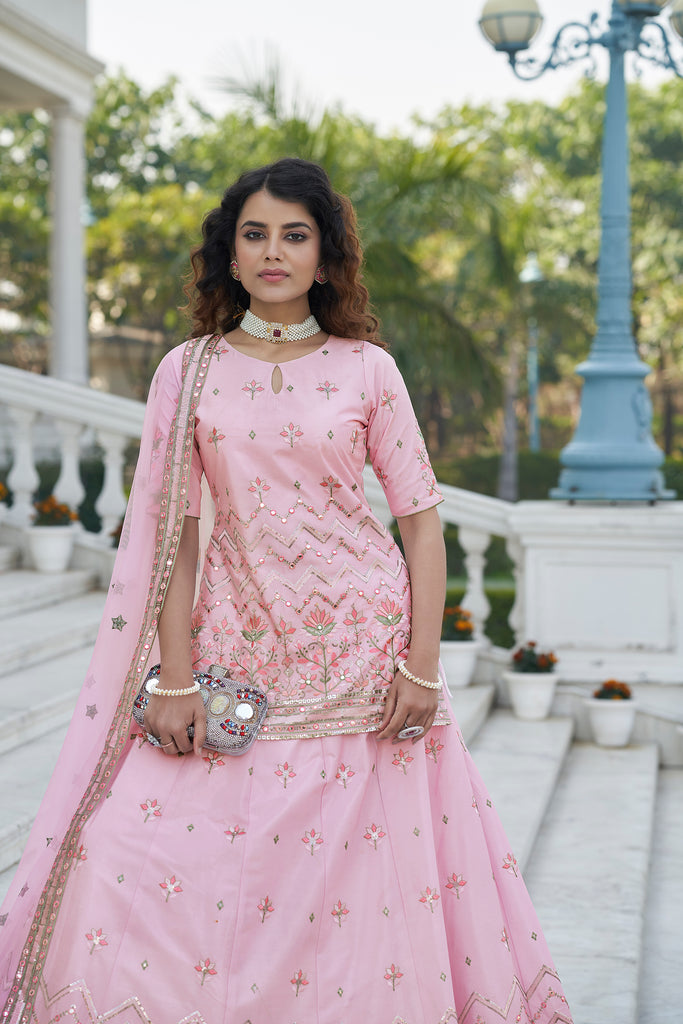 Faux Georgette Embroidery Pant Style Suit In Baby Pink Colour - SM5690053