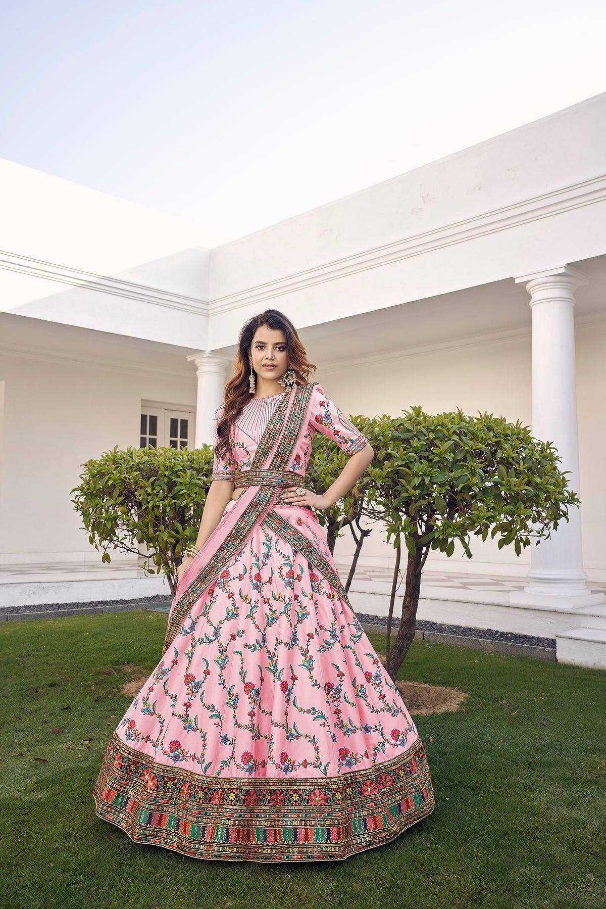 Baby Pink Thread With Sequins Embroidered Silk Semi Stitched Wedding Lehenga ClothsVilla Main image