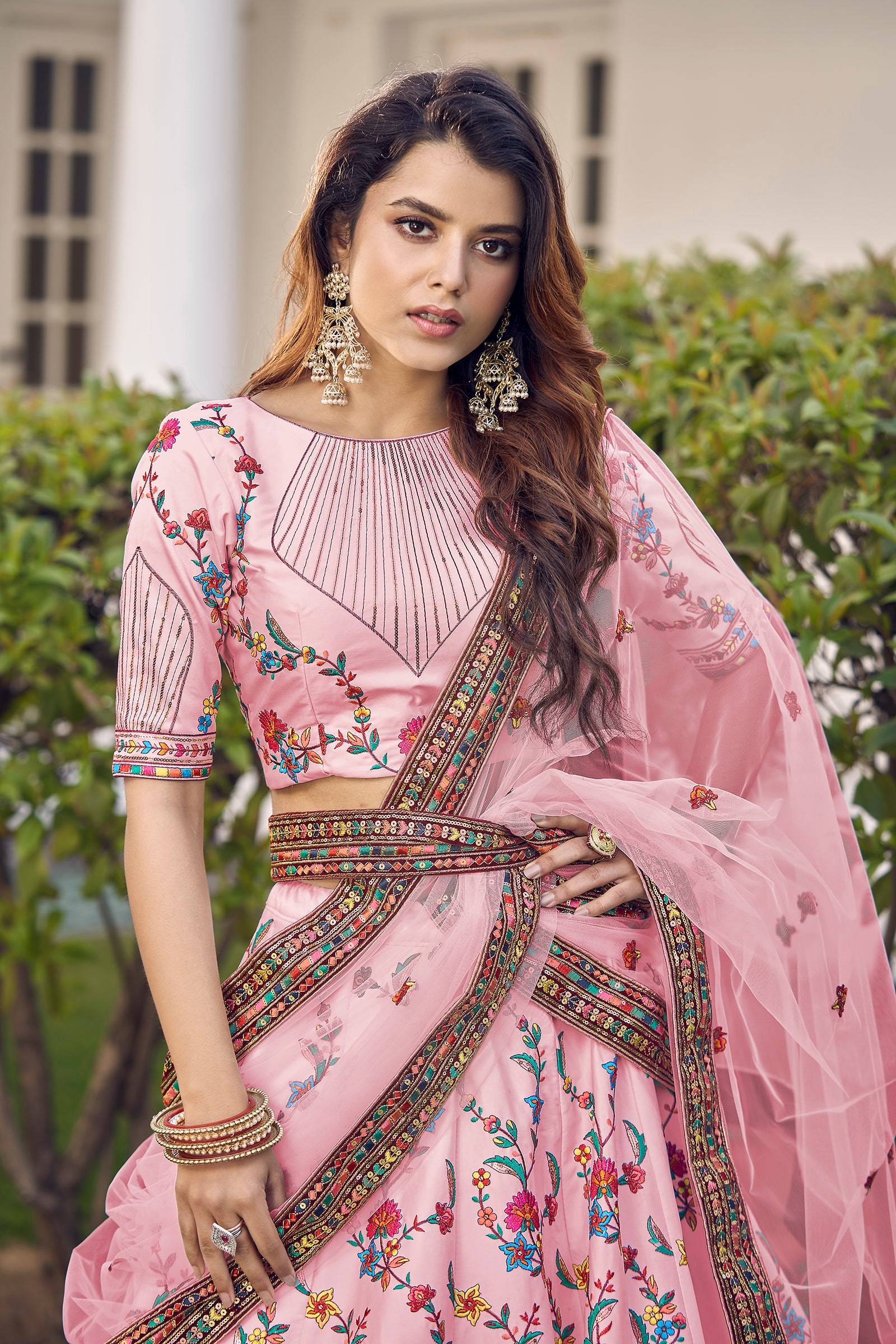 Baby Pink Thread With Sequins Embroidered Silk Semi Stitched Wedding Lehenga ClothsVilla