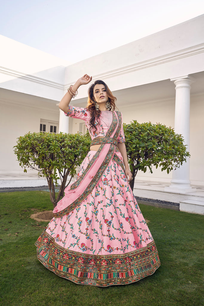 Baby Pink Thread With Sequins Embroidered Silk Semi Stitched Wedding Lehenga ClothsVilla