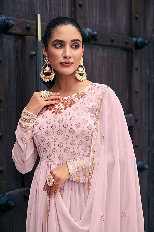 Baby Pink Exclusive Embroidered Stitched Kurta with Palazzo Set Collection ClothsVilla.com