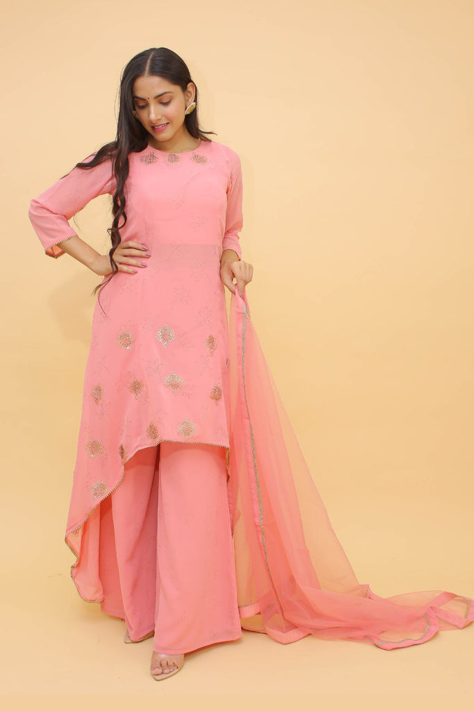 Baby Pink Pakistani Georgette Plazo Suit For Indian Festival & Weddings - Rubber Print Work, Swarovski Work Clothsvilla