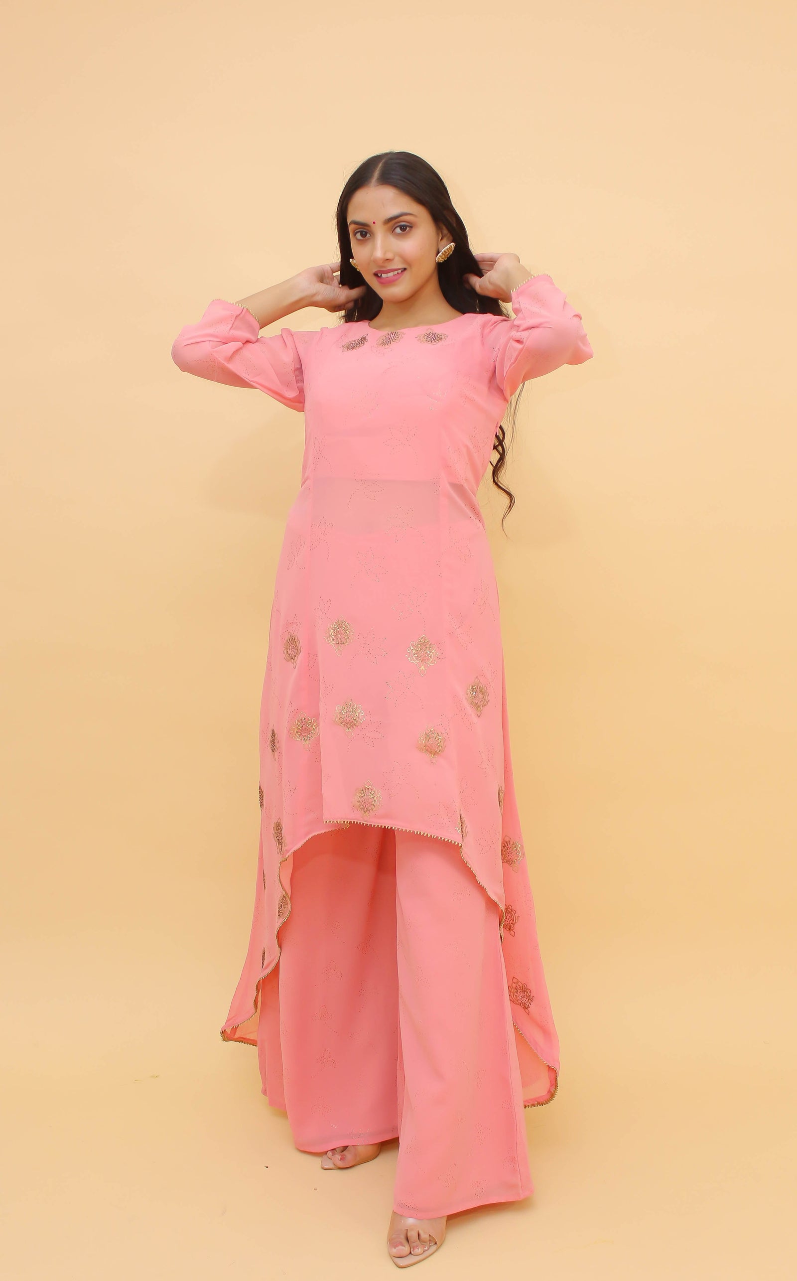 Baby Pink Pakistani Georgette Plazo Suit For Indian Festival & Weddings - Rubber Print Work, Swarovski Work Clothsvilla