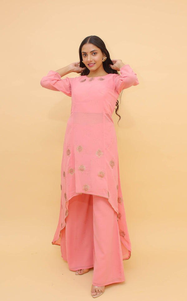 Baby Pink Pakistani Georgette Plazo Suit For Indian Festival & Weddings - Rubber Print Work, Swarovski Work Clothsvilla