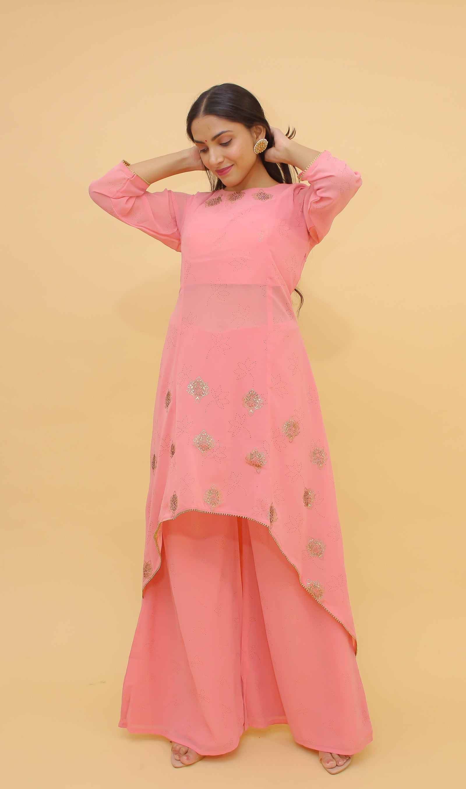 Baby Pink Pakistani Georgette Plazo Suit For Indian Festival & Weddings - Rubber Print Work, Swarovski Work Clothsvilla