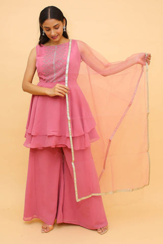 Baby Pink Pakistani Georgette Plazo Suit For Indian Festival & Weddings - , Swarovski Work Clothsvilla