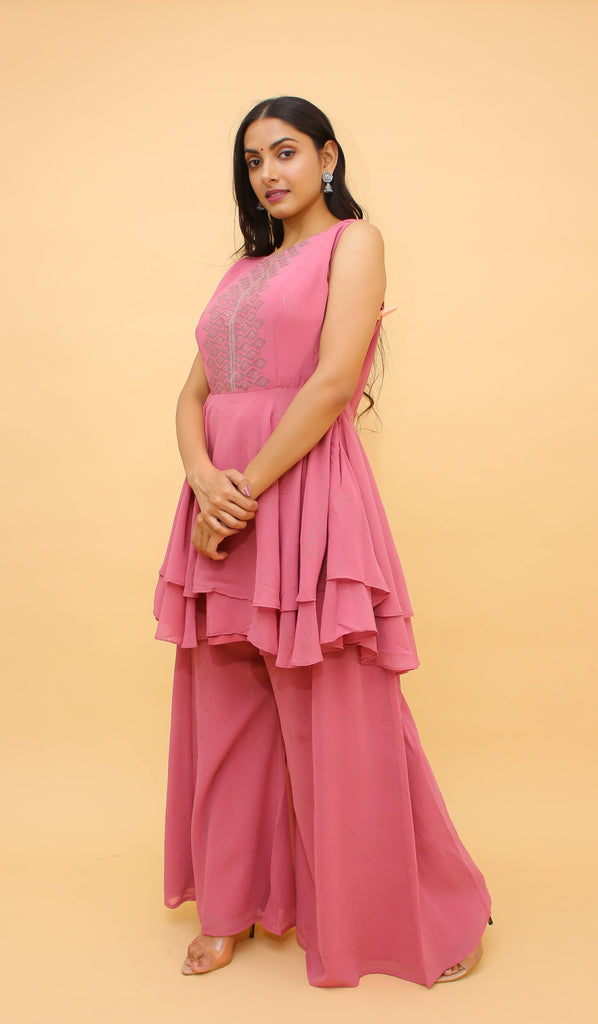 Baby Pink Pakistani Georgette Plazo Suit For Indian Festival & Weddings - , Swarovski Work Clothsvilla