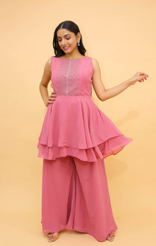 Baby Pink Pakistani Georgette Plazo Suit For Indian Festival & Weddings - , Swarovski Work Clothsvilla
