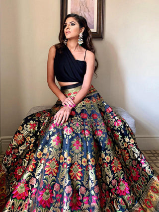 Black Color Weaving Zari Work Banarasi Silk Co-ord Set Lehenga With Georgette Choli Clothsvilla