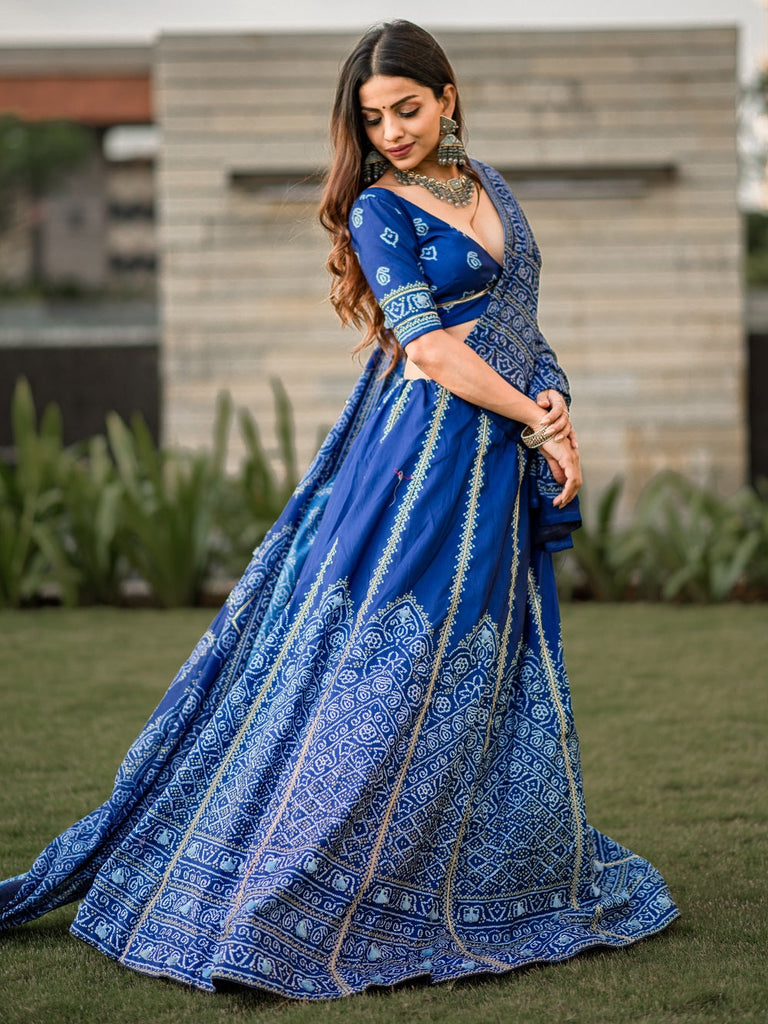 Navy Blue Color Bandhani Printed Vaishali Silk Lehenga With Blouse And Dupatta Clothsvilla