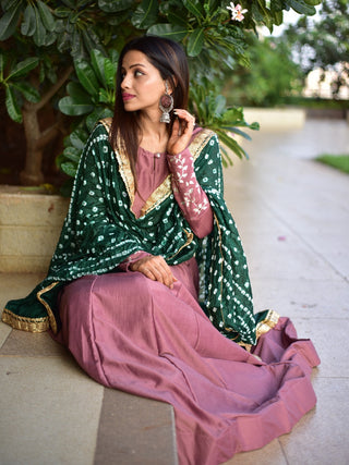 Onion Color Chinon Gown With Bandhej Silk Dupatta Clothsvilla