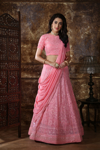Beautiful Dusty Pink Georgette Thread and Sequence Embroidered Lehenga Choli ClothsVilla