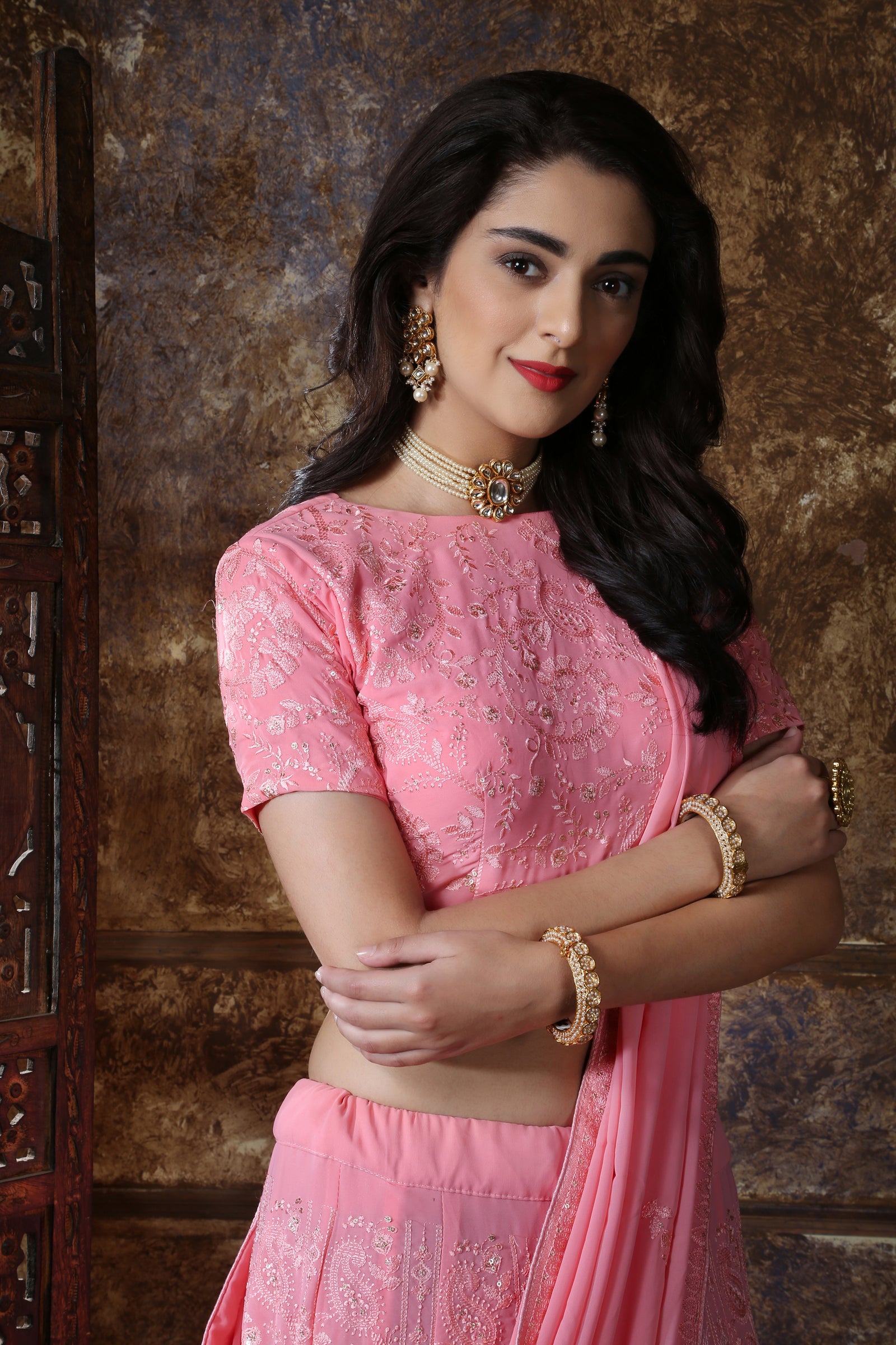 Beautiful Dusty Pink Georgette Thread and Sequence Embroidered Lehenga Choli ClothsVilla