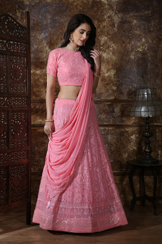 Beautiful Dusty Pink Georgette Thread and Sequence Embroidered Lehenga Choli ClothsVilla