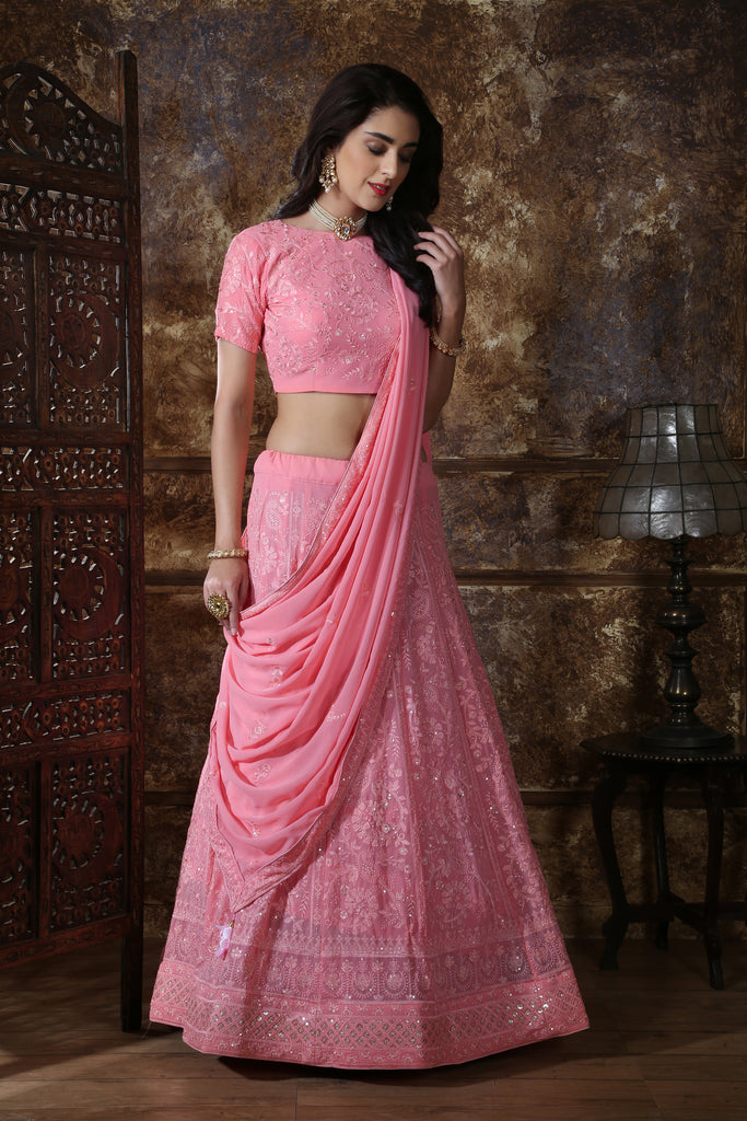 Beautiful Dusty Pink Georgette Thread and Sequence Embroidered Lehenga Choli ClothsVilla
