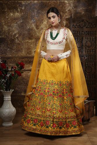 Beautiful Mustard Yellow Colored Party Wear Embroidered Thai Silk Lehenga Choli ClothsVilla