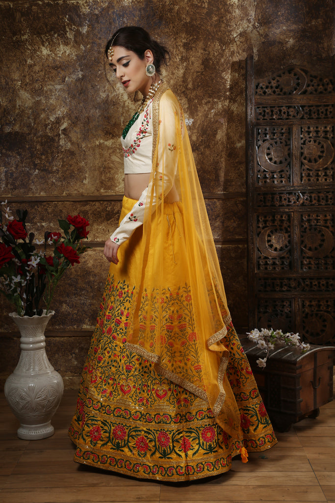 Buy Yellow Lehenga Choli In Raw Silk With Resham, Cut Dana And Sequins  Embroidered Summertime Blossoms KALKI Fashion India