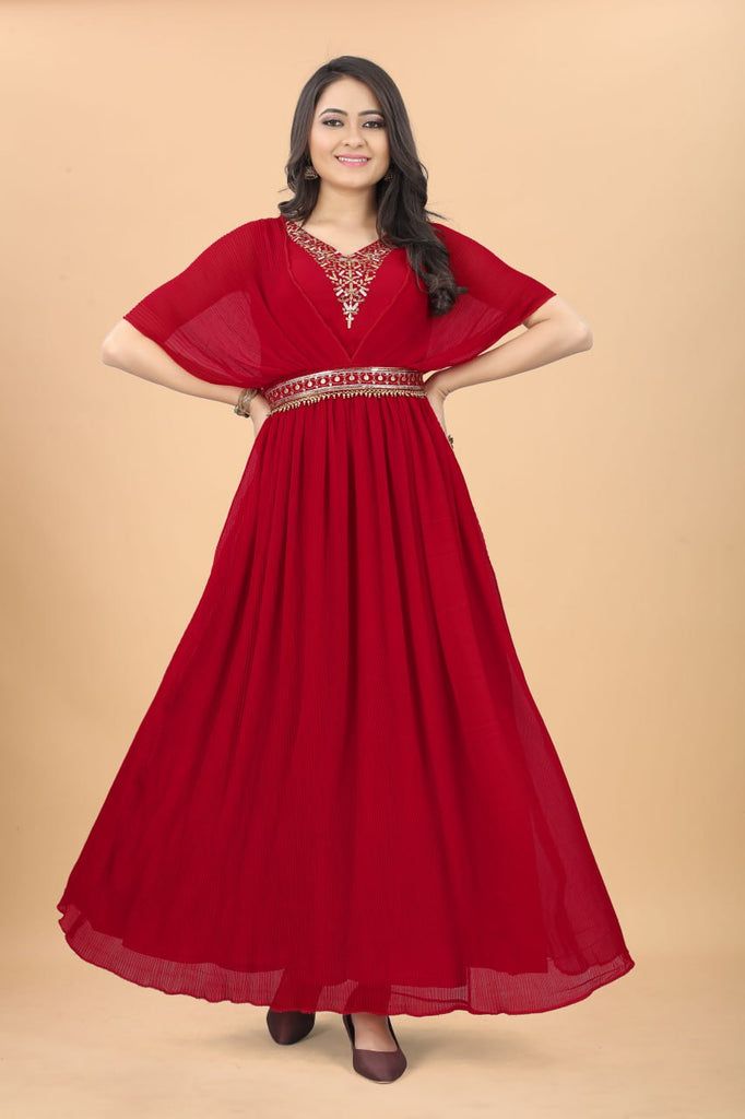 New Red Colour Strappy Pleated Flared Gown