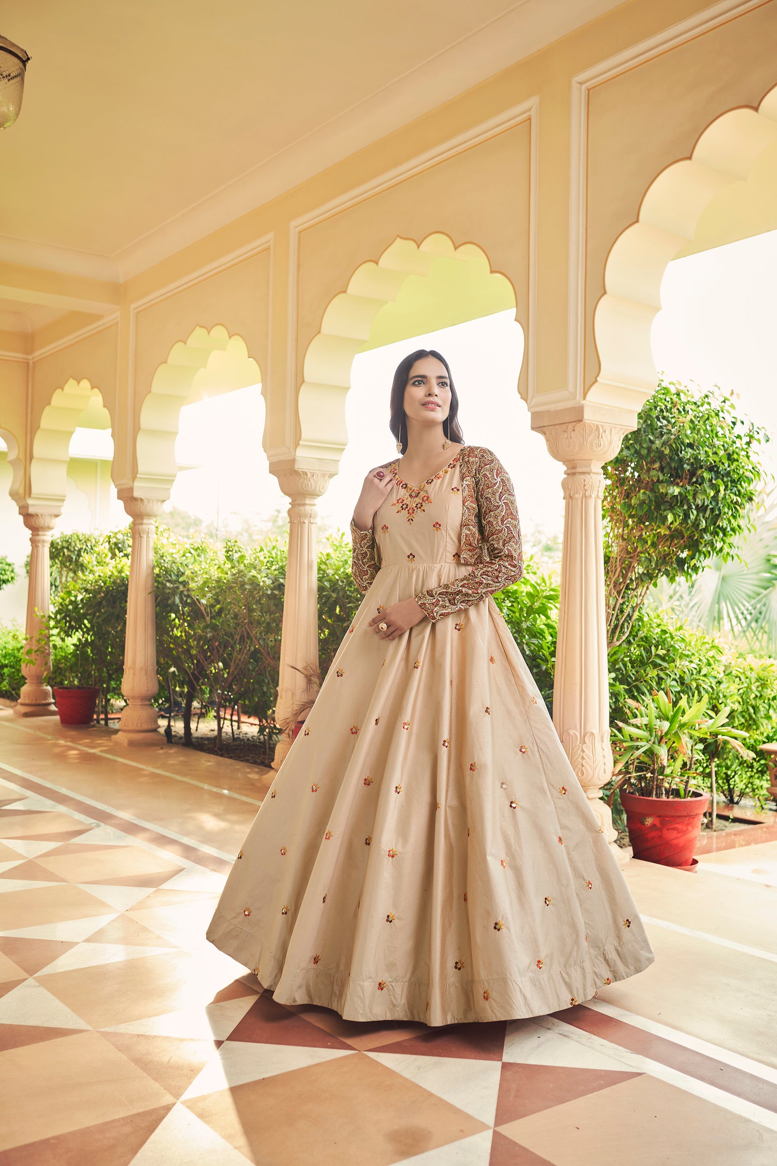 Beautiful Sequence Work Beige With Multicolor Gown With Koti Clothsvilla