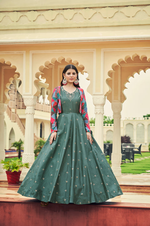Beautiful Sequence Work Dusty Green With Multicolor Gown With Koti Clothsvilla Main image