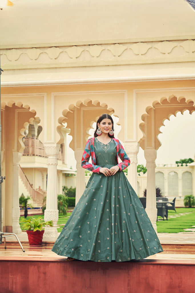 Beautiful Sequence Work Dusty Green With Multicolor Gown With Koti Clothsvilla