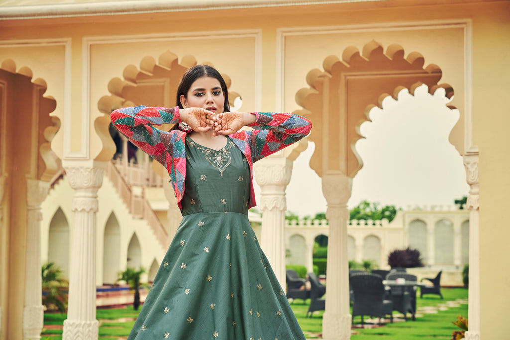 Beautiful Sequence Work Dusty Green With Multicolor Gown With Koti Clothsvilla