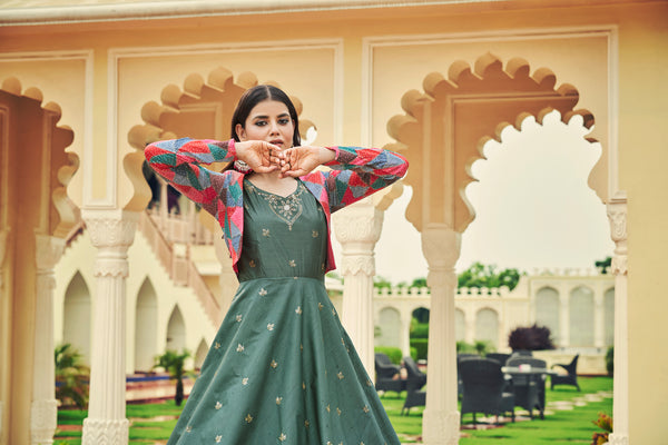 Beautiful Sequence Work Dusty Green With Multicolor Gown With Koti Clothsvilla