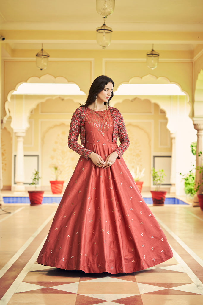 Beautiful Sequence Work Dusty orange With Multicolor Gown With Koti Clothsvilla