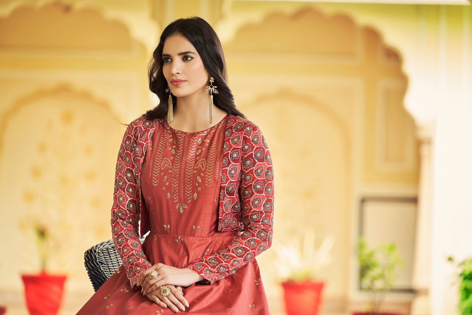 Beautiful Sequence Work Dusty orange With Multicolor Gown With Koti Clothsvilla