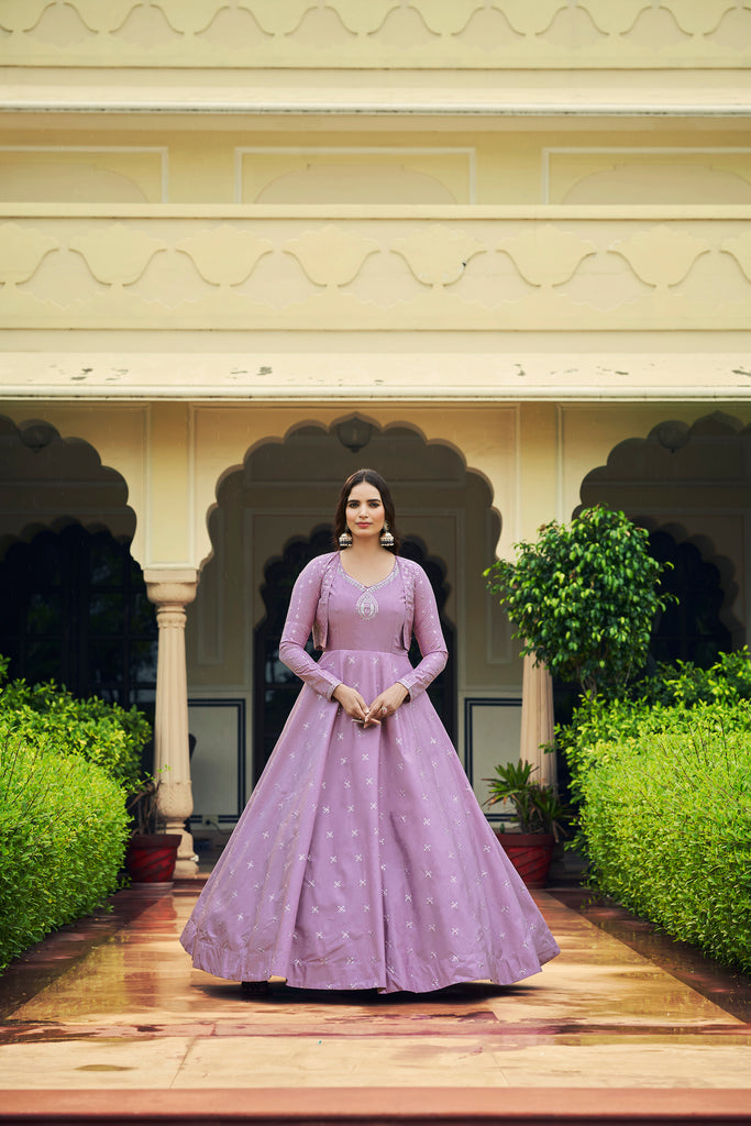 Buy Beautiful Embroidered Purple Net Floor Length Gown Online