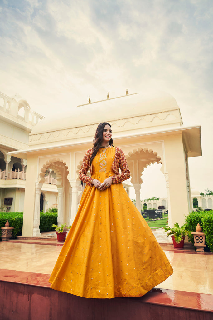 Beautiful Sequence Work Mustard With Multicolor Gown With Koti Clothsvilla