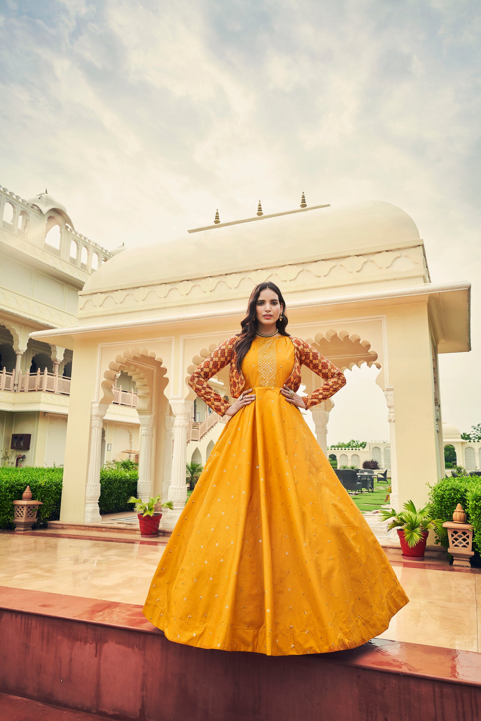 Beautiful Sequence Work Mustard With Multicolor Gown With Koti Clothsvilla