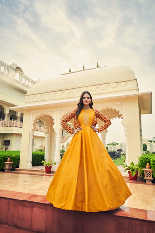 Beautiful Sequence Work Mustard With Multicolor Gown With Koti Clothsvilla