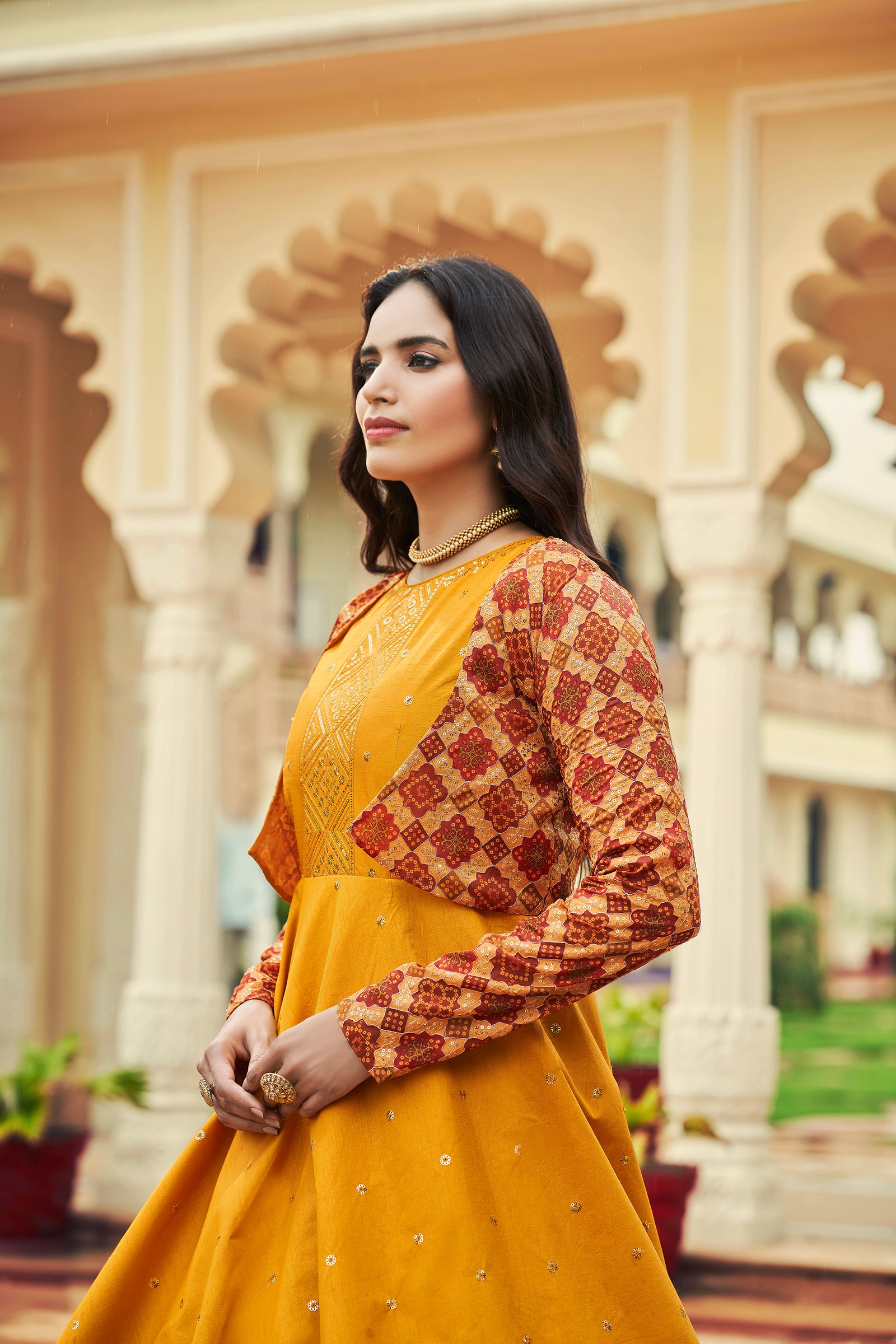 Beautiful Sequence Work Mustard With Multicolor Gown With Koti Clothsvilla