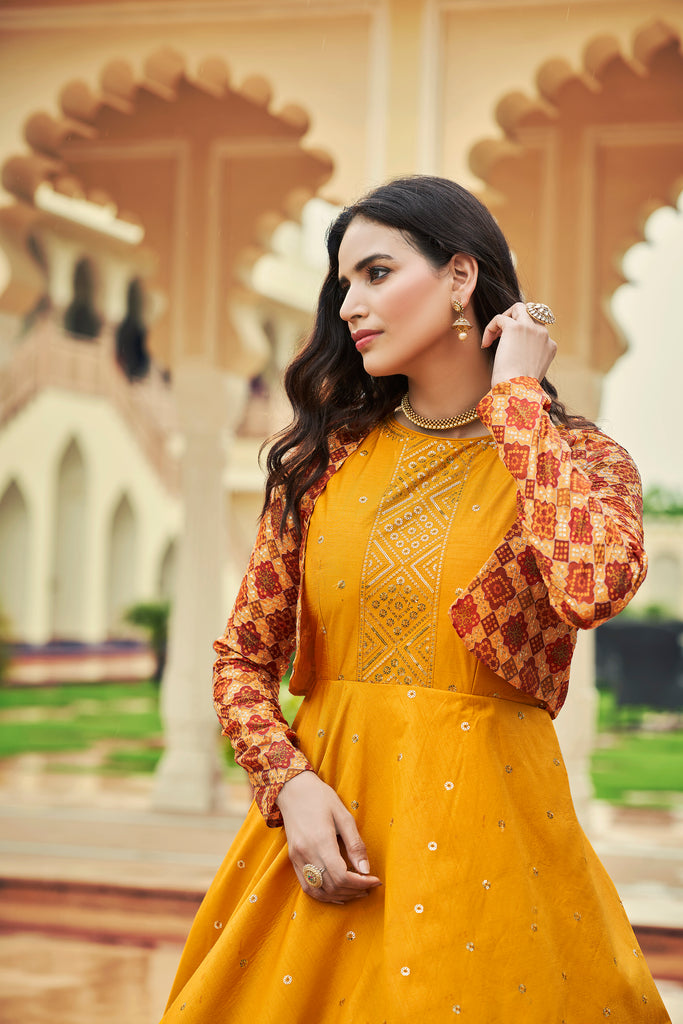 Beautiful Sequence Work Mustard With Multicolor Gown With Koti Clothsvilla