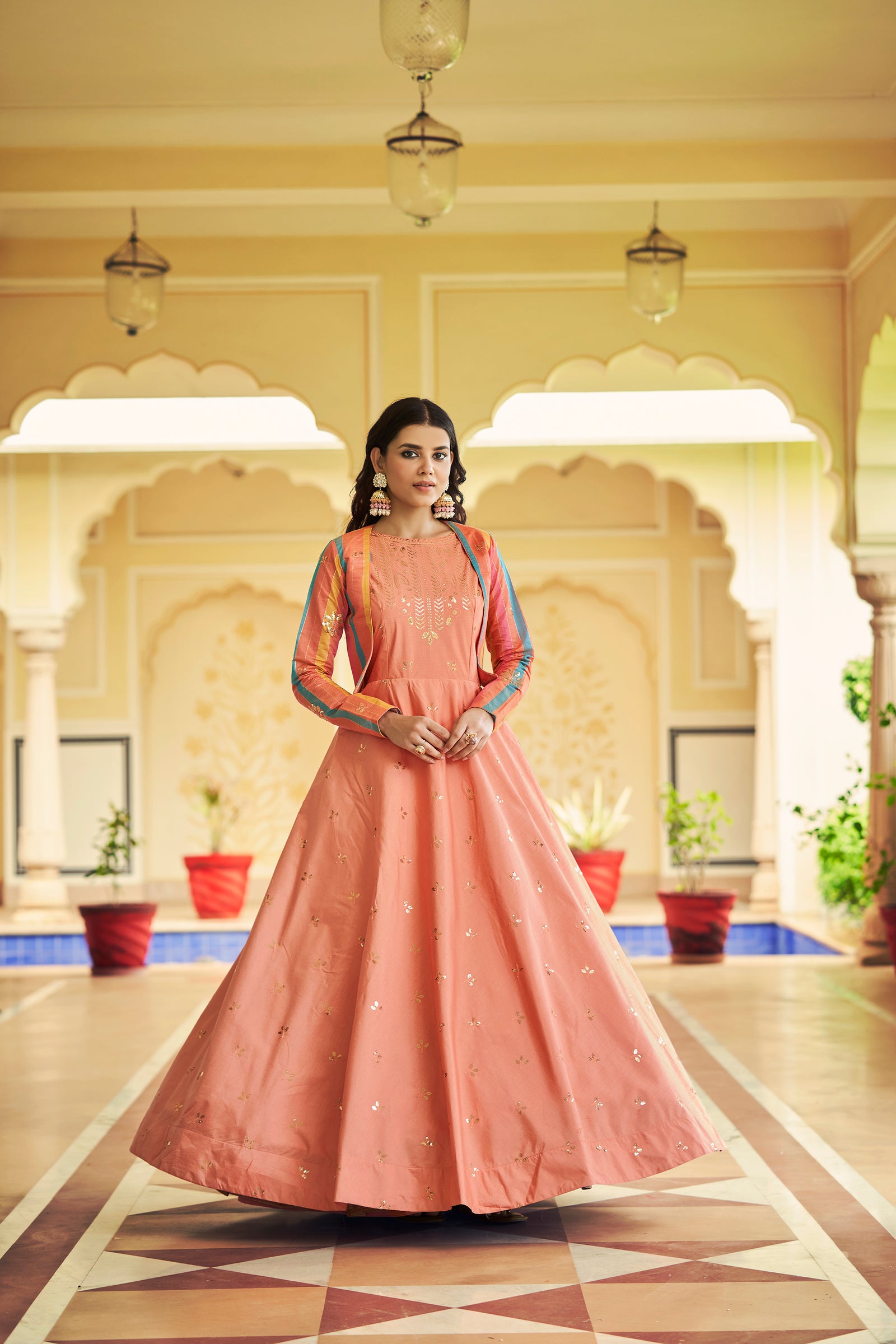 Beautiful Sequence Work Peach Color Gown With Koti Clothsvilla