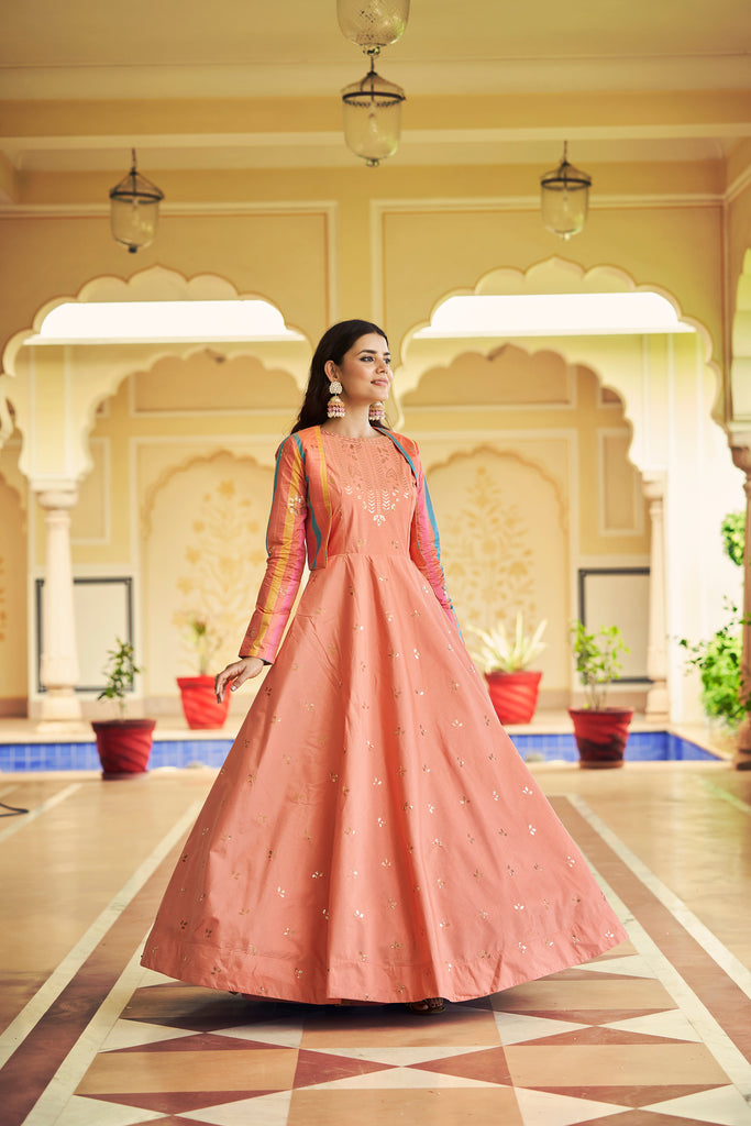 Beautiful Sequence Work Peach Color Gown With Koti - Clothsv