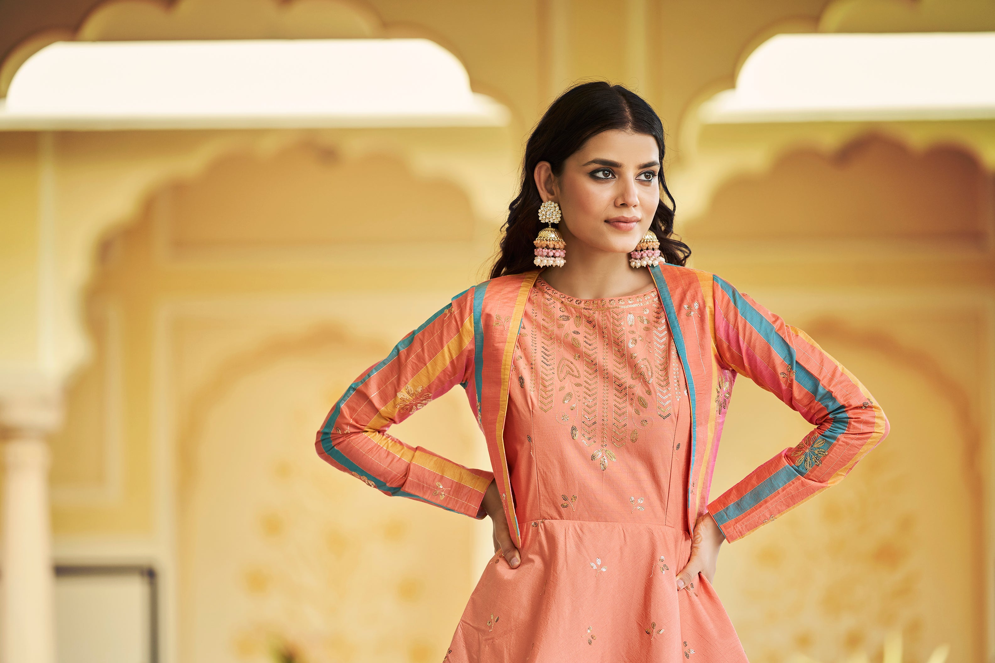 Beautiful Sequence Work Peach Color Gown With Koti Clothsvilla
