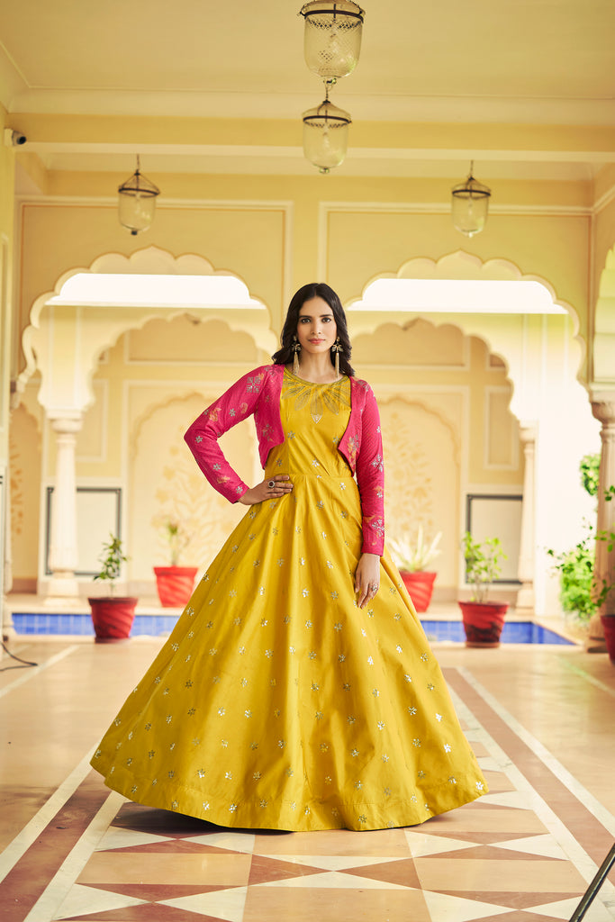 Party Wear, Wedding Yellow color Muslin fabric Gown : 1900200