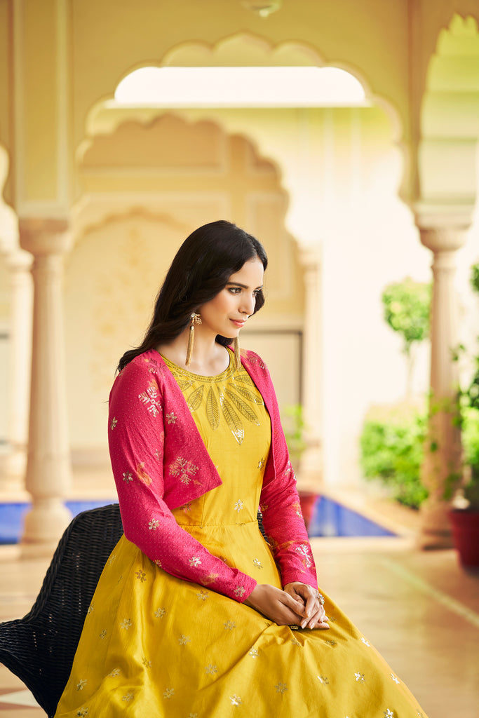 Beautiful Sequence Work Yellow With Rani Color Gown With Koti Clothsvilla
