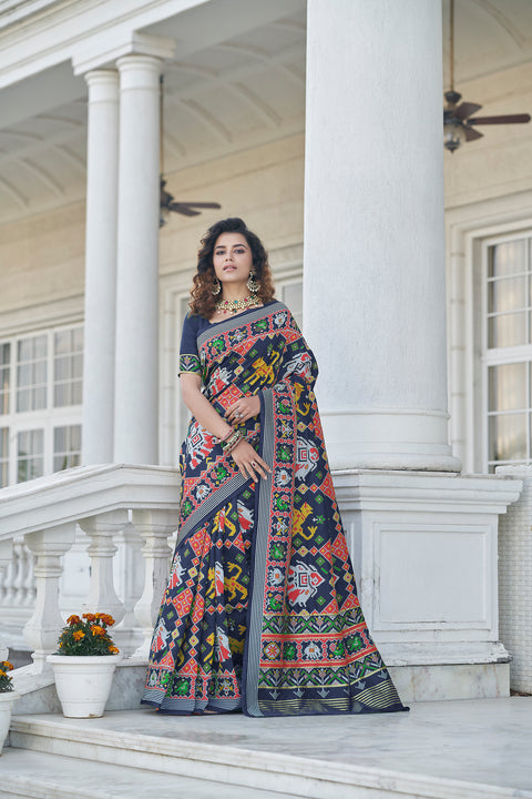 Beautiful Weaving Work Sangeet Wear Navy Blue Color Patola Style Saree In Art Silk Fabric ClothsVilla Main image