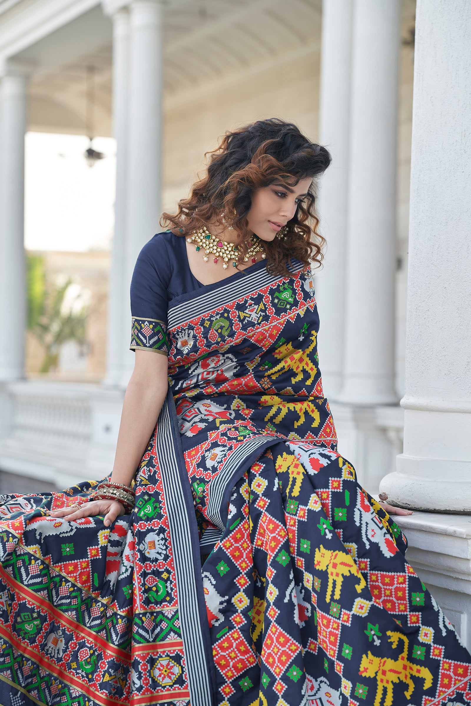 Beautiful Weaving Work Sangeet Wear Navy Blue Color Patola Style Saree In Art Silk Fabric ClothsVilla