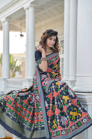 Beautiful Weaving Work Sangeet Wear Navy Blue Color Patola Style Saree In Art Silk Fabric ClothsVilla