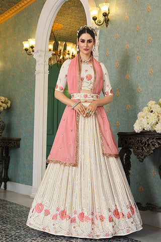 Beautiful Pearl White Thread With Sequins Embroidered Work Lehenga Choli ClothsVilla.com