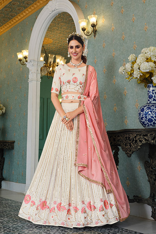 Beautiful Pearl White Thread With Sequins Embroidered Work Lehenga Choli ClothsVilla.com